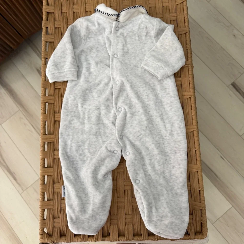 Vintage Baby Gray Velour Teddy Bear Embroidered Footed Sleeper 0-3M Peter Collar